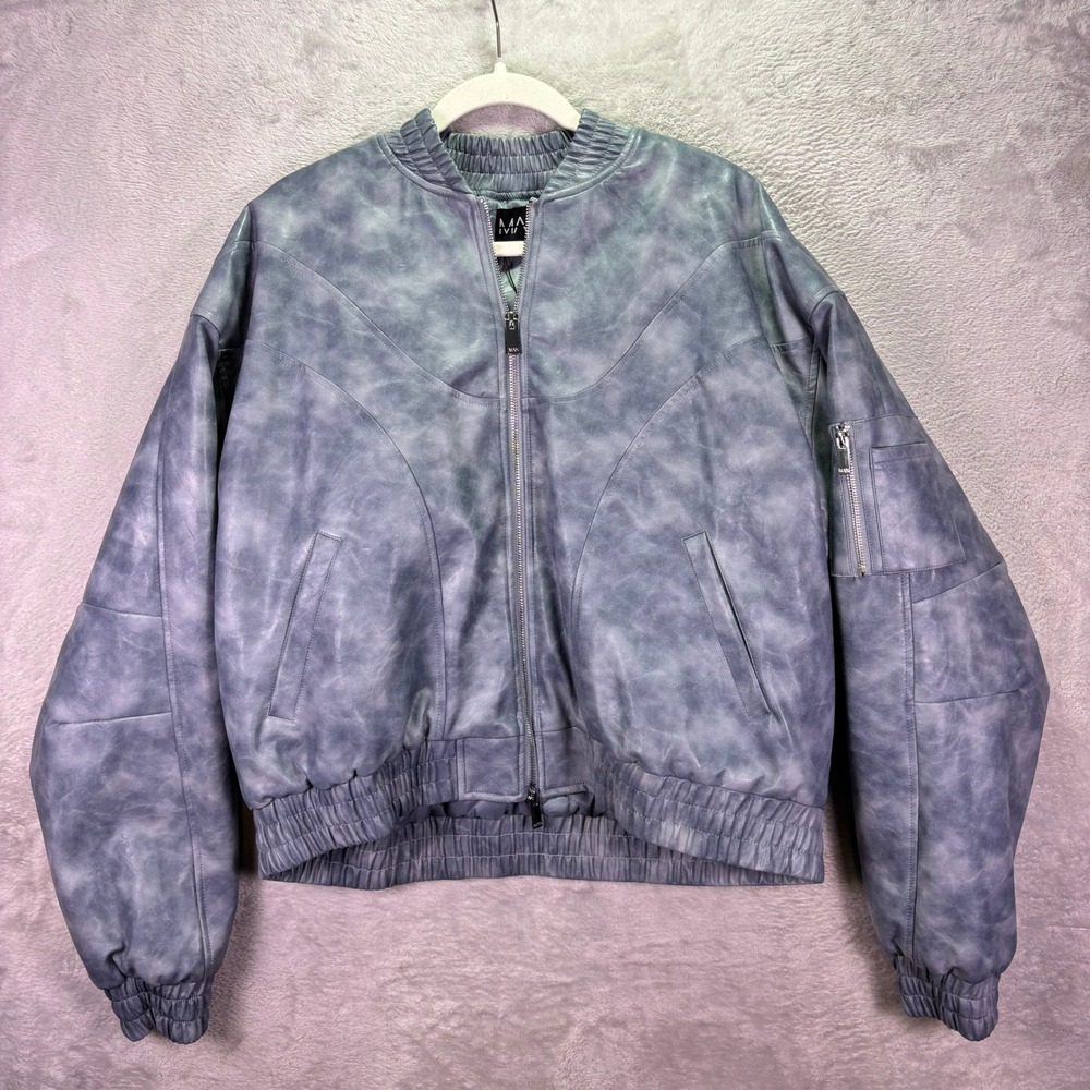 BoohooMAN Mens Bomber Jacket Sz L Blue Gray Acid Wash Faux Leather Streetwear